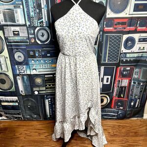Blue Rain Francesca’s White w/ Blue Flowers Ho-Lo Ruffle Hem Long Dress Size M